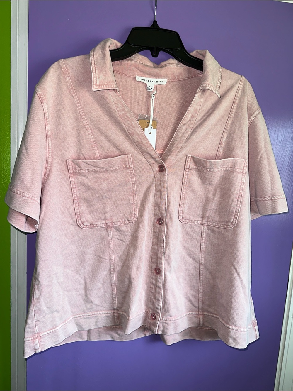 Jane and Delancey Washed Pink Short Sleeve Button Front Shirt professional